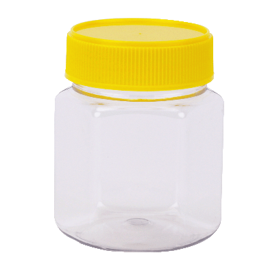 Plastic Honey Jar 250gm Hex Yellow Lid, Food Grade, Carton 240 pcs, Jars & Lids