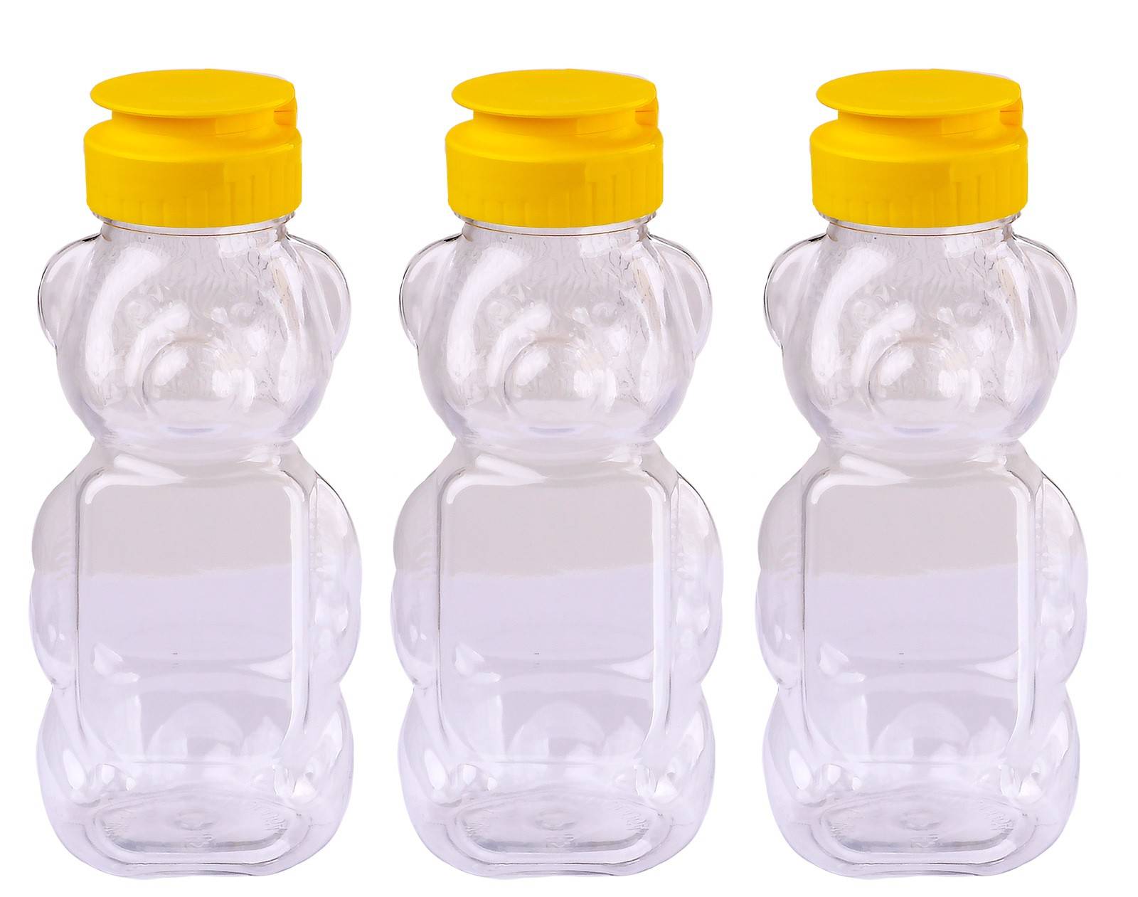 Carton of 200 x 350gm Clear Plastic Squeeze Bear Honey Bottle - Yellow lid