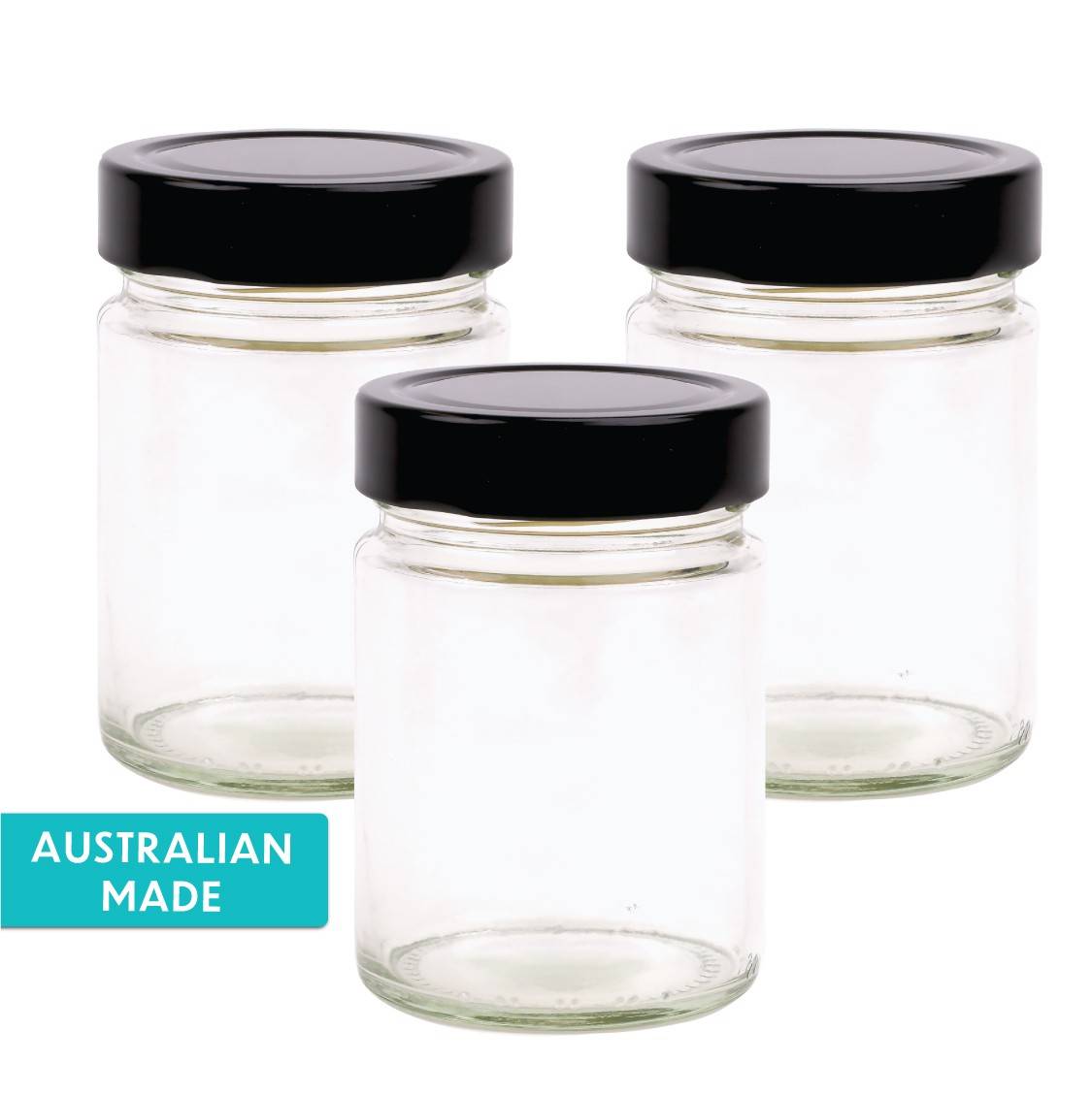 High quality Australian Made Round Glass Jar with Tall Metal Black Lid