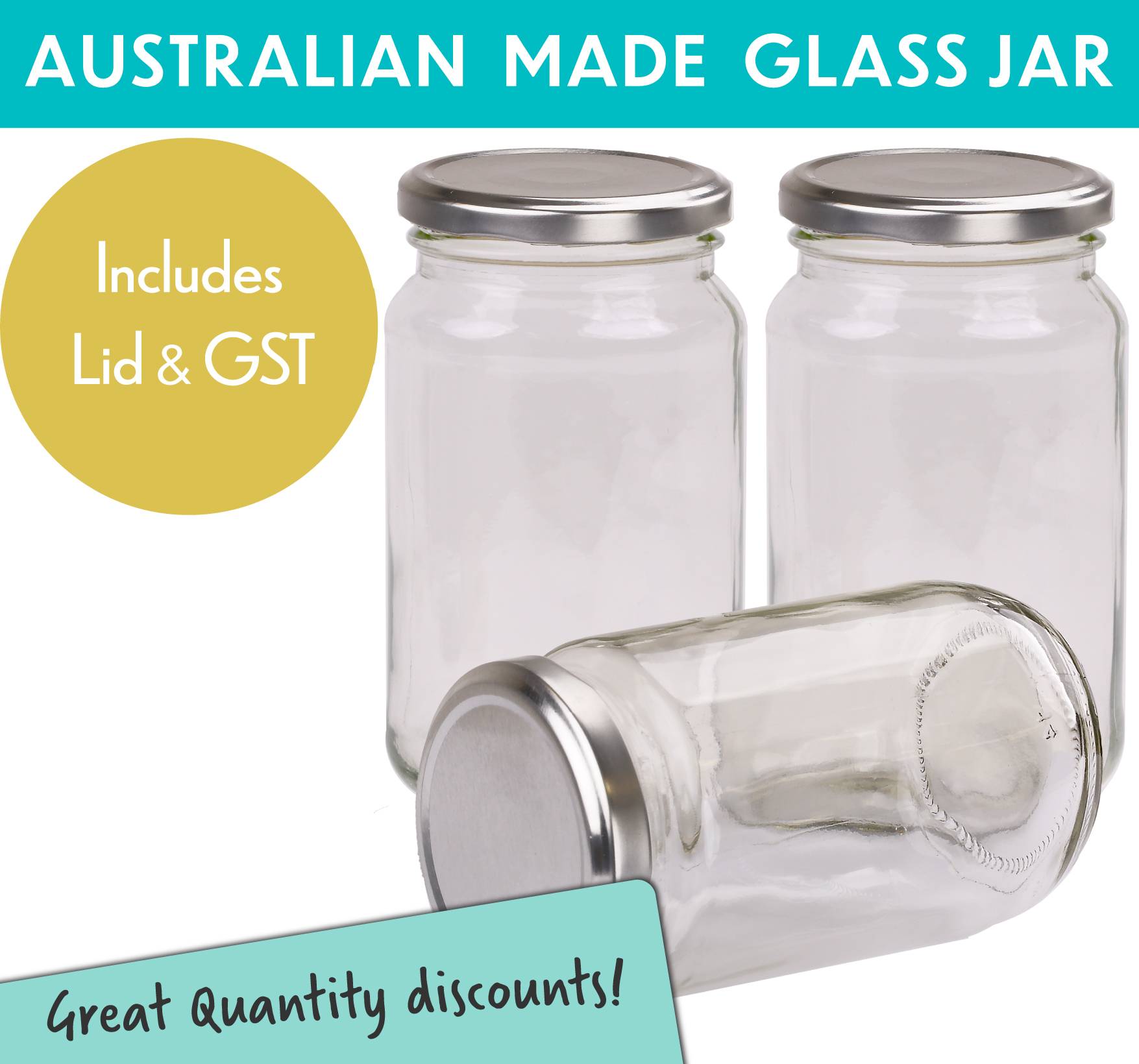 Round Glass Jars - 375ml / 500gm size - with Silver Lids. Australian Made
