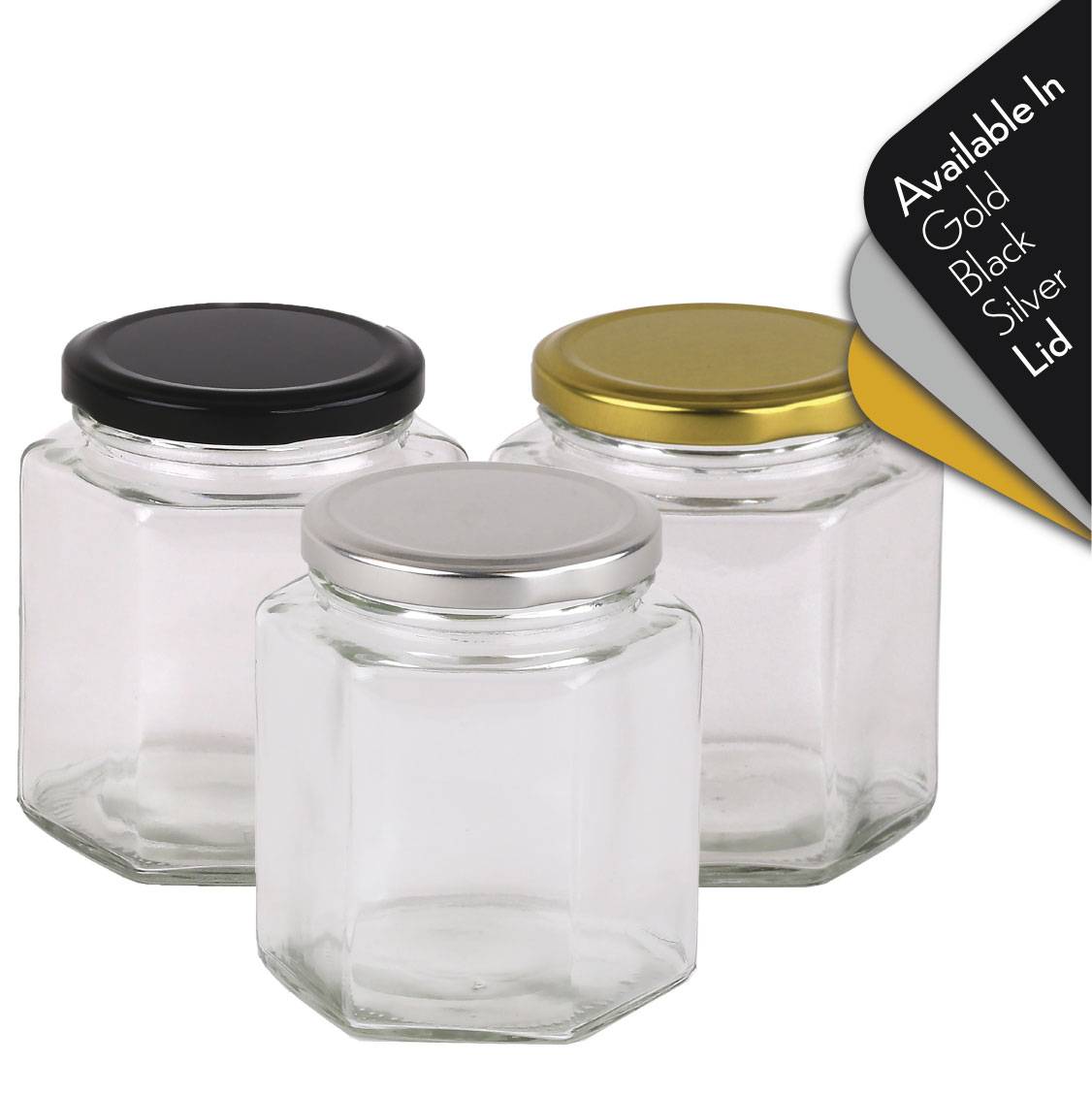 Glass Jar 380ml/500g Hexagonal Glass Jars with Black, Gold or Silver Lid