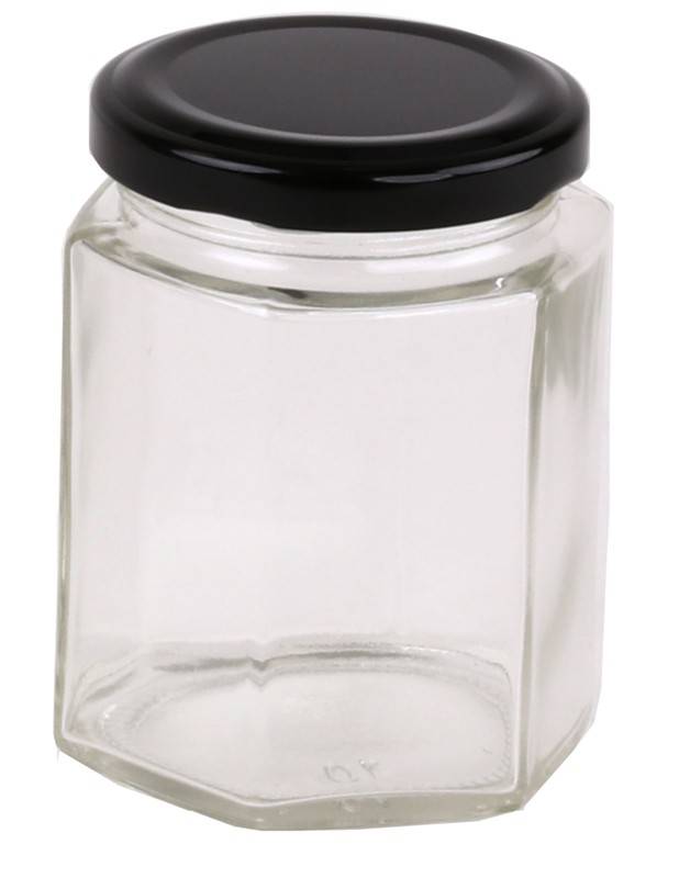 Glass Jar 85ml / 100g Hexagonal Glass Jars with Black, Gold or Silver Lid