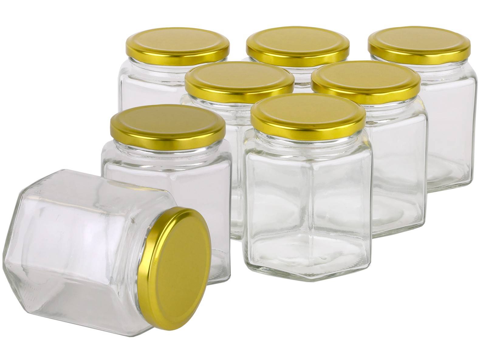 Glass Jar 380ml/500g Hexagonal Glass Jars with Black, Gold or Silver Lid