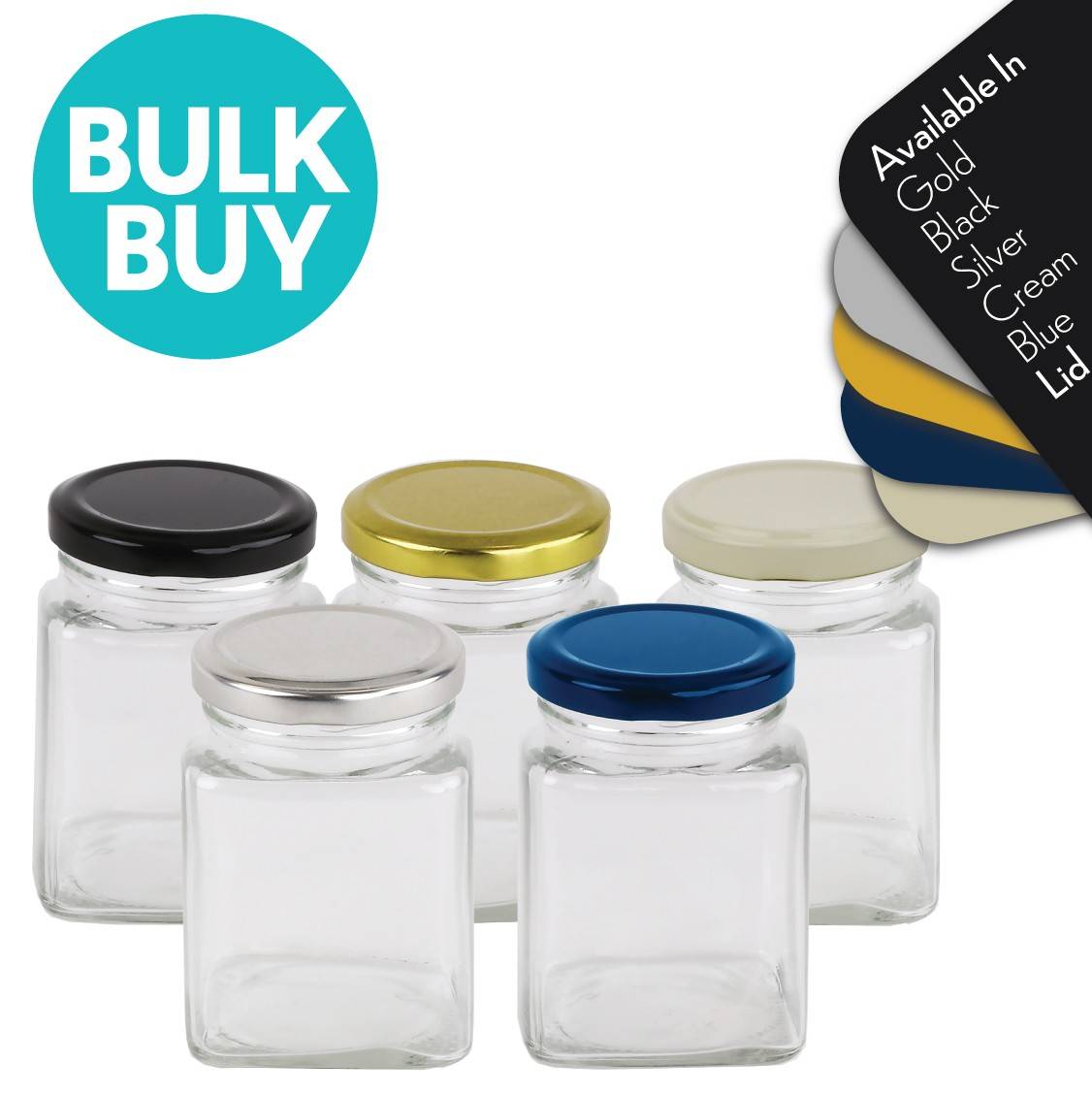 Square Glass Jar 280ml/400g Glass Jars with Lid Blue, Black, Gold, Cream or Silver