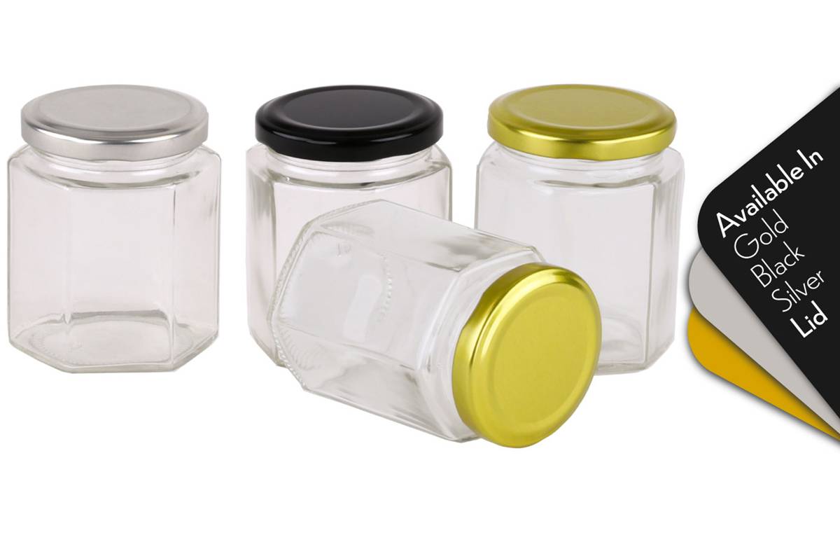 Glass Jar 85ml / 100g Hexagonal Glass Jars with Black, Gold or Silver Lid