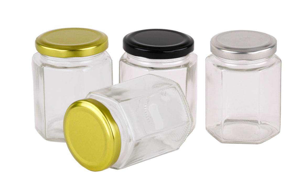 Glass Jar 280ml/400g Hex Glass Jars with Blue, Black, Gold, Cream or Silver Lid