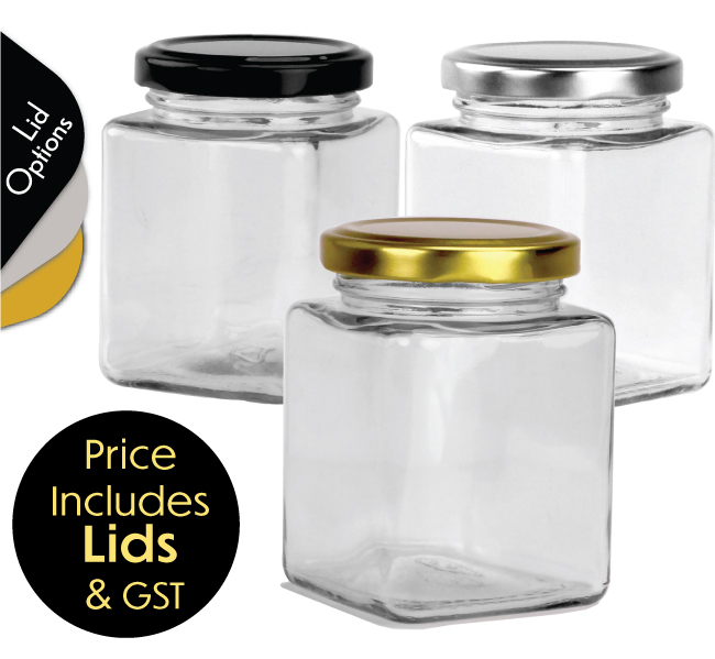 Square Glass Jar - 380ml -  Jar with Gold, Black or Silver metal Lid