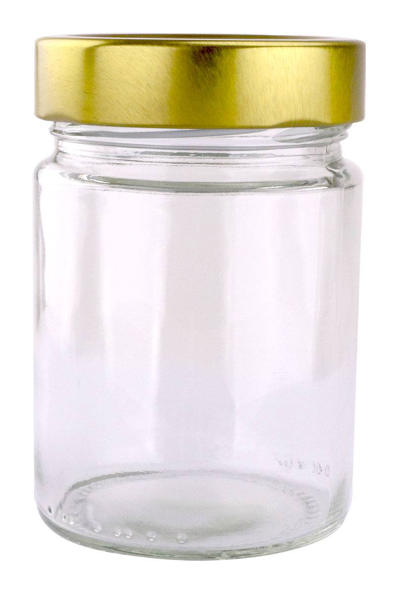 Round Glass Jar - 325ml/450gm size - with Extra Tall Gold Lids.  Made in Australia.