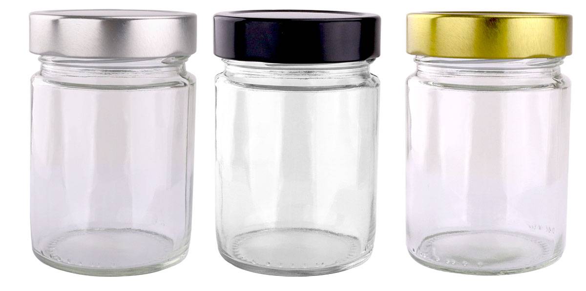 Round Glass Jar - 325ml/450gm size - with Extra Tall Silver Lids.  Made in Australia.