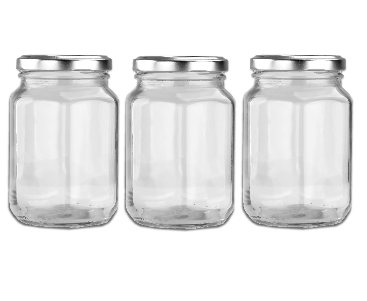 Australian Made 370ml/500g Hexagonal Glass Jars with Black, Gold or Silver Lid