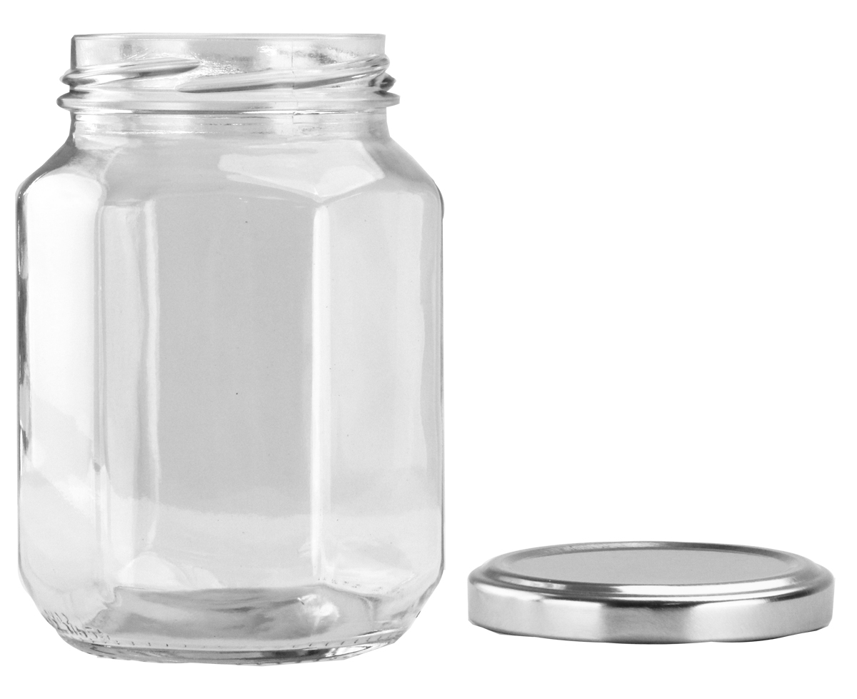 Australian Made 370ml/500g Hexagonal Glass Jars with Black, Gold or Silver Lid