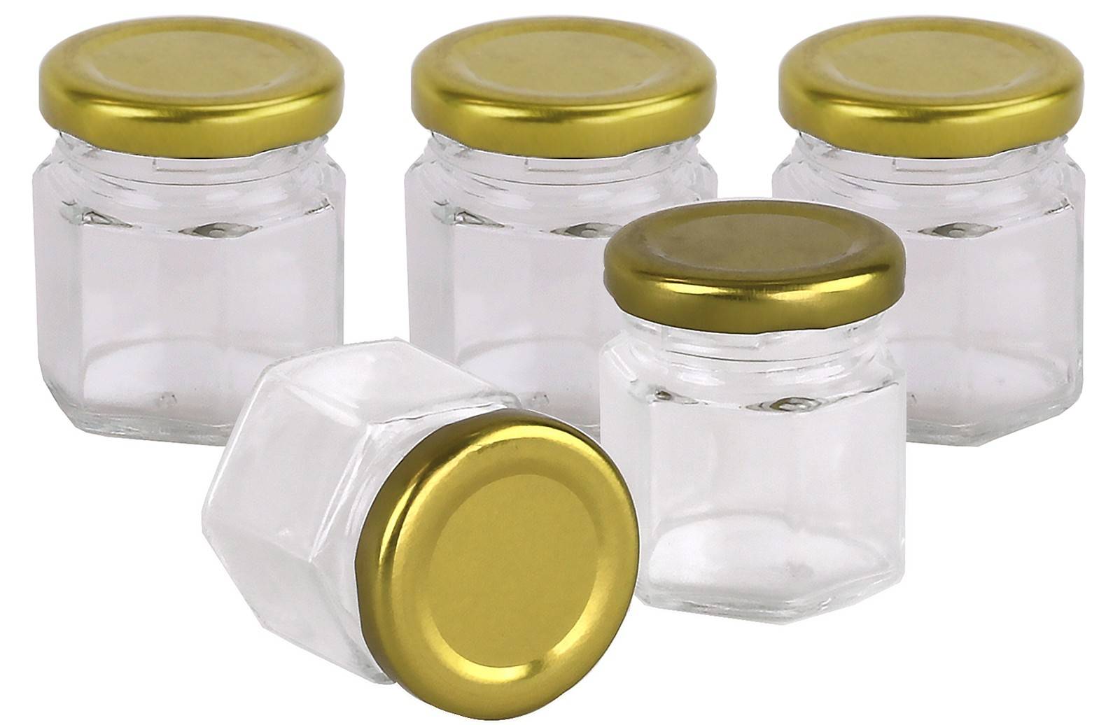 Carton 120 pcs Honey Jars - 60gm size - Glass Hexagonal with Gold Lid