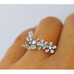 Bee and Flowers Silver Ring