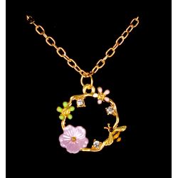 Delicate Bee on a Golden Twig Wreath with Pink Flower - Charm Necklace