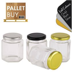 Pallet of 4,329 Hexagonal glass Jars 180ml / 250gm size with Black, Gold or Silver Lid. GST Incl.