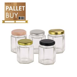 Pallet of 3,084 Hexagonal Jars 280ml / 400gm size with Blue, Black, Gold, Cream or Silver Lid. GST Incl.