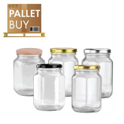 Pallet of 2,520 Australian Made 380ml Hexagonal Glass Jars with Black, Gold or Silver Lid. GST Incl.