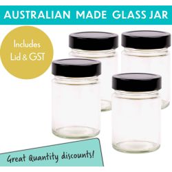 Round Glass Jar - 325ml/450gm size - with Extra Tall Black Lids.  Made in Australia.