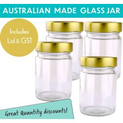 Round Glass Jar - 325ml size - with Extra Tall Gold Lids.  Made in Australia.