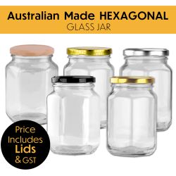 Australian Made 380ml Hexagonal Glass Jars with Black, Gold, Silver, Nude or Honey Comb Pattern Lid
