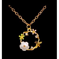 Delicate Bee on a Golden Twig Wreath - With White Flower - Charm Necklace